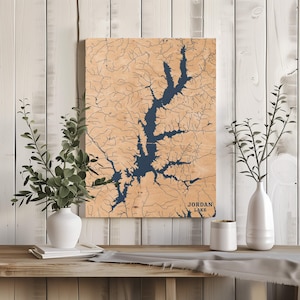 Jordanien See in North Carolina | Benutzerdefinierte See Karte Wohnkultur, personalisierte See Haus Geschenk, Jahrestag Hochzeitslager Geschenk, gravierte Holz Wandkunst