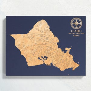 O'ahu, Hawaii Karte | "Graviertes Holz Küsten Wand Kunst Zeichen, Strand Haus Wohnkultur nautisches Leben Druck, einzigartiges personalisiertes Familien Geschenk."