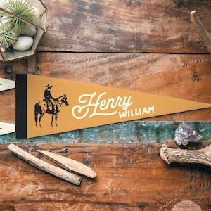 Cowboy Custom Name Sign Felt Pennant | Vintage Wild West Banner, Kids Room Decor, Western Nursery Wall Art, Rustic Home Accent Gift