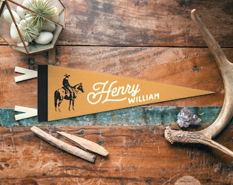 Cowboy Custom Name Sign Felt Pennant | Vintage Wild West Banner, Kids Room Decor, Western Nursery Wall Art, Rustic Home Accent Gift