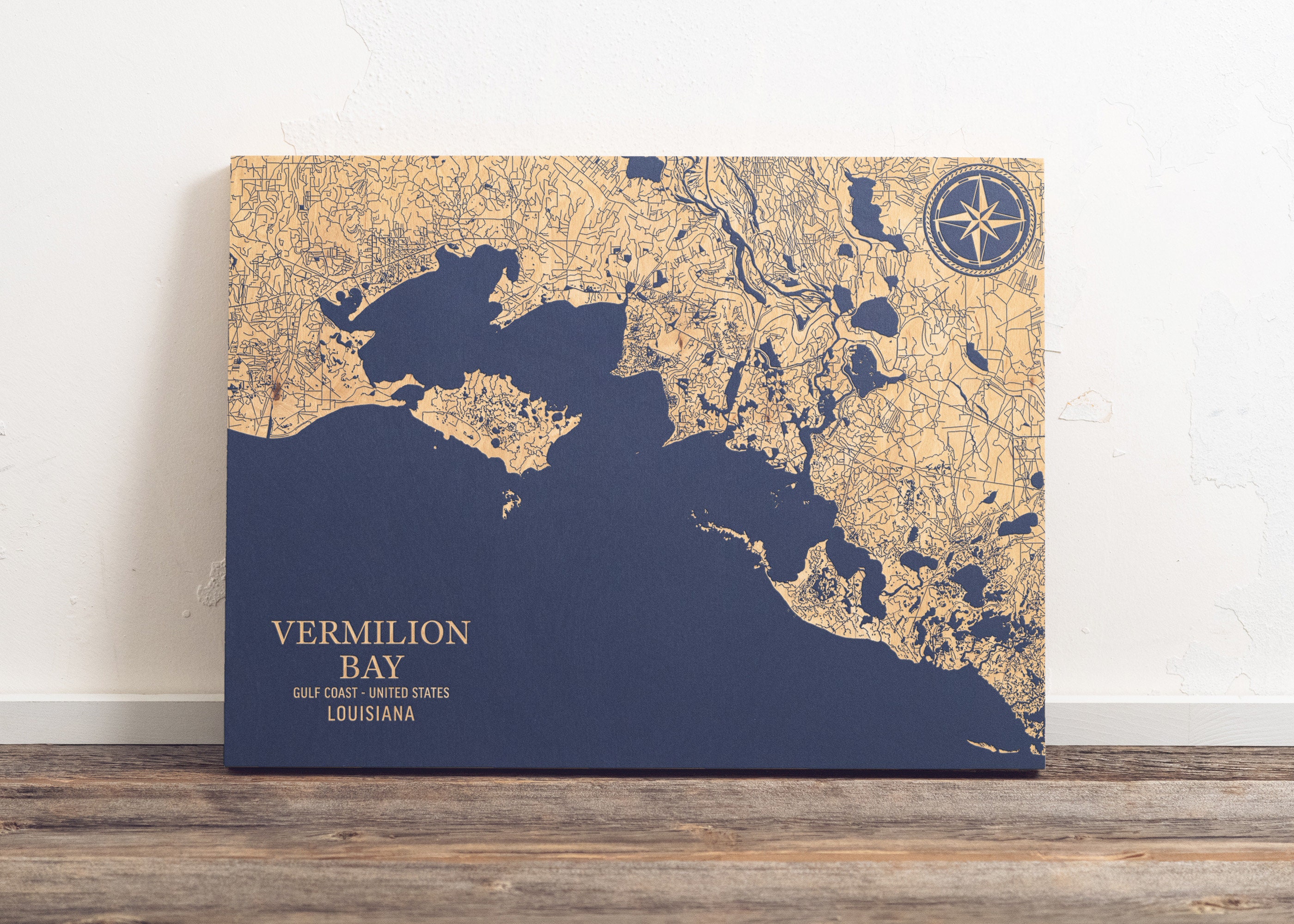 Vermilion Bay Louisiana Map Engraved Wood Art