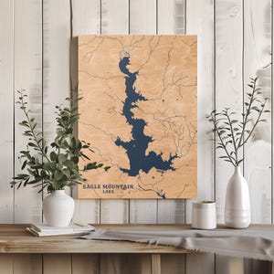Eagle Mountain Lake Texas / Decorazione per la casa con mappa personalizzata del lago, regalo personalizzato per casa sul lago, regalo per anniversario di matrimonio in campeggio, arte murale in legno incisa
