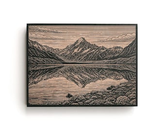 Aoraki Mount Cook New Zealand Engraved Birch Art Panel | Glacier Lake Wall Art, Alpine Decor, Travel Gift