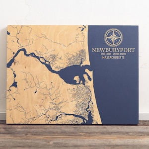 Newburyport, Massachusetts Karte | "Graviertes Holz Küstenkarte Wand Kunst Schild, Strandhaus Wohnkultur Wasserdruck, einzigartiges personalisiertes Geschenk."