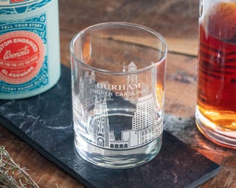 Durham, North Carolina City Skyline Engraved Glasses | Hometown Pride Glassware, Whiskey Rocks Wine & Beer Barware, Travel Special Trip Gift