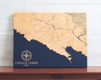 Cinque Terre, Italy Map | Engraved Wood Coastal Chart Wall Art Sign, Italian Riviera Home Decor Nautical Print, Unique Personalized Gift