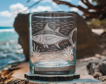 Tuna Glasses | Laser Etched Coastal Barware, Engraved Gift for Fishermen & Nautical Home Decor