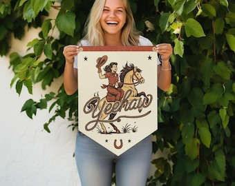 Bandera de campamento de fieltro Yeehaw / Decoración de pared para habitación infantil del oeste, pancarta de vaquero vintage, banderín con temática de rodeo, arte rústico de cabaña, letrero para habitación infantil, hecho en EE. UU.