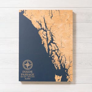 Insider-Passage, Alaska Karte | Geschenk für die ganze Familie, Strandhaus-Dekor-Wandbehang, gravierter Küstendruck, einzigartiges Geschenk für die Familie