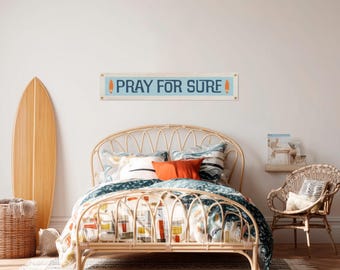 Pray For Surf Felt Banner | Classic vintage style typography flag. Beach House Decor. Surfing pennant wall art gift. Coastal Surfboard art.