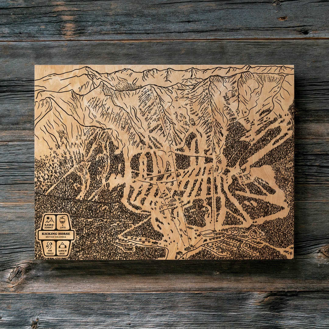 Kicking Horse, British Columbia Ski Trail Map Engraved Wood Wall Art ...