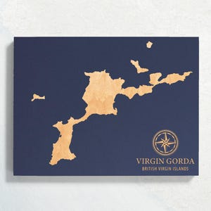 Mapa de Virgin Gorda, Ilhas Virgens Britânicas | Placa de parede com mapa costeiro em madeira gravada das Ilhas Virgens Britânicas, impressão de decoração para casa de praia, presente personalizado para a família