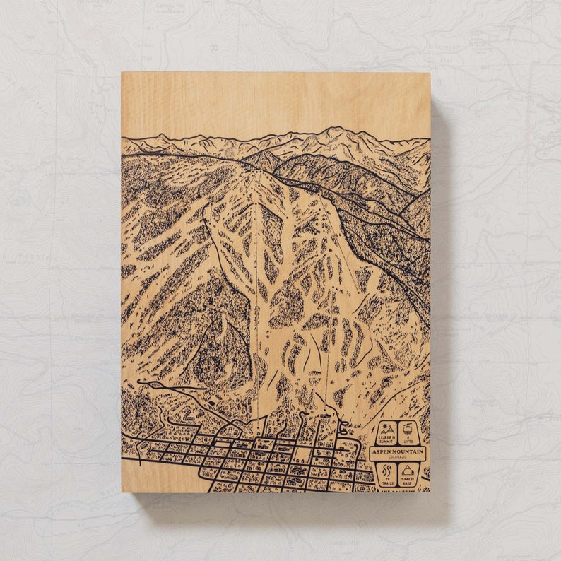 Aspen Mountain AJAX Colorado Skipiste Karte Gravierte Holz Wandkunst, Winter Sport Cabin Decor, Snowboard Mountain Trail Poster, Familiengeschenk Bild 1