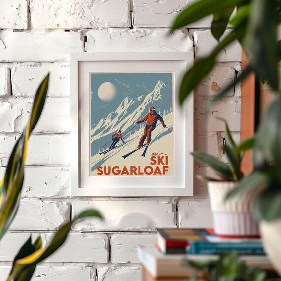 Sugarloaf Mountain Maine Skiing Wall Art Print - Vintage poster design, archival quality matte fine art print. Retro ski gift.
