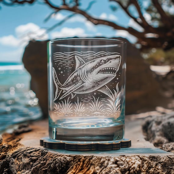 Stemless Wine Glass With 3D Shark Inside – 16 Oz Unique Glassware For Ocean Lovers – Hand-Blown Gift For Birthdays, Weddings & Parties