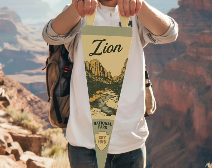 Zion National Park Felt Pennant | Vintage style poster. Vintage typography Washington flag wall art home decor. USA Handmade Gift