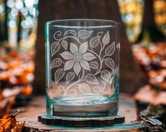 Clematis Vine Glasses | Etched Floral Whiskey, Wine, Pint & Beer Can Glassware Gift for Gardeners and Nature Lovers