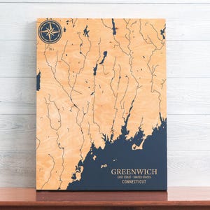 Greenwich, Conneticut Karte | "Graviertes Holz Küsten Wand Kunst Zeichen, Strand Haus Wohnkultur nautischen Druck, einzigartiges personalisiertes Geschenk für die Familie