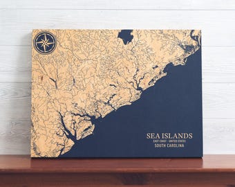Sea Islands, South Carolina Map | Engraved Wood Coastal Chart Wall Art Sign, Beach Home Decor Nautical Print, Unique Personalized Gift