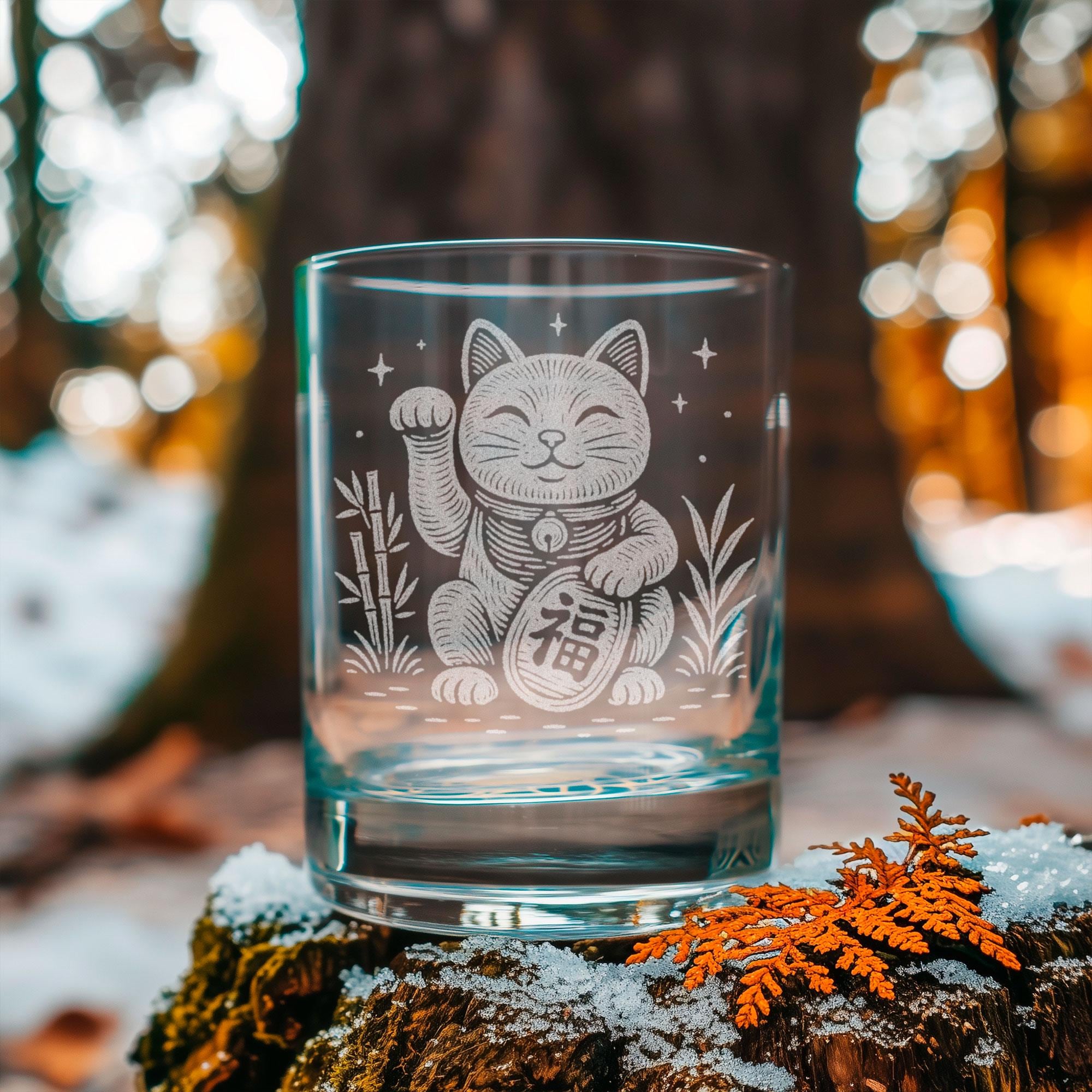 Lucky Cat Glasses | Maneki Neko Good Fortune Glassware | Laser