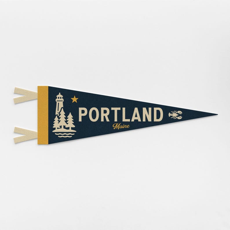 Portland Maine Felt Pennant | Forest City banner poster. Vintage town & state pride typography flag home decor. Travel gift USA image 1