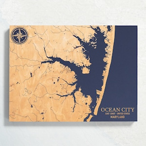 Ocean City Karte, Maryland Karte | "Graviertes Holz Küsten Karte Wand Kunst Schild, Strand Haus Wohnkultur nautischen Druck, einzigartiges personalisiertes Geschenk für die Familie