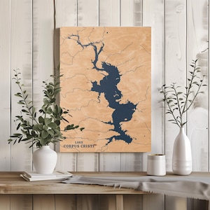 Lake Corpus Christi, Texas | Aangepaste huisdecoratie meerkaart, gepersonaliseerd meerhuiscadeau, jubileumkamp bruiloftscadeau, gegraveerde houten muurkunst