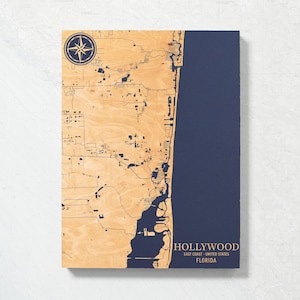 Kaart Hollywood, Florida | Gegraveerd houten bord kustmuur, huisdecor strandhuis nautische print, uniek gepersonaliseerd familiecadeau