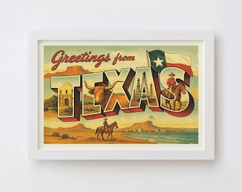 Texas Postcard Art Print | Greetings from Texas Vintage Style Wall Art Poster, Retro State Souvenir Decor,  Classic Americana Travel Gift