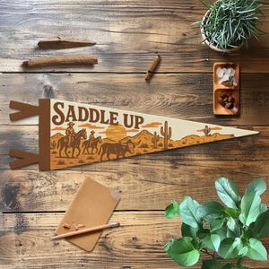 Saddle Up Felt Pennant | Western Wall Decor, Cowgirl Cowboy Banner, Rustic Kids Room Sign, Handmade Western Art, Fun Country Gift Idea Large Pennant
