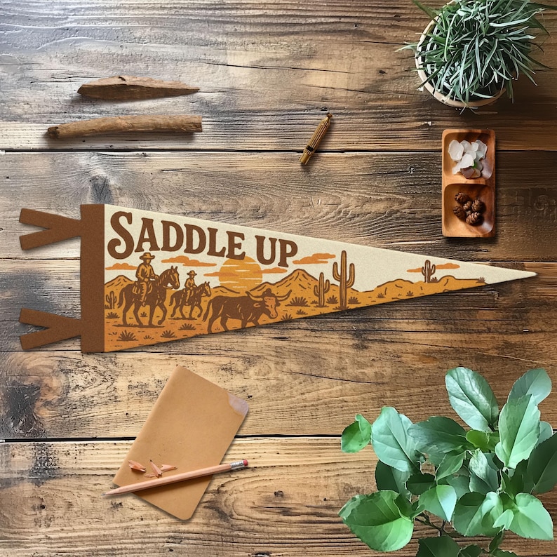 Saddle Up Felt Pennant | Western Wall Decor, Cowgirl Cowboy Banner, Rustic Kids Room Sign, Handmade Western Art, Fun Country Gift Idea Large Pennant
