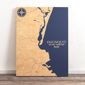 Ogunquit, Maine Karte | "Graviertes Holz Küsten Wand Kunst Zeichen, Strand Haus Wohnkultur nautisches Leben Druck, einzigartiges personalisiertes Familien Geschenk."