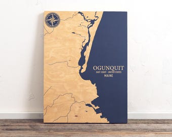 Ogunquit, Maine Map | Engraved Wood Coastal Wall Art Sign, Beach House Home Decor Nautical Life Print, Unique Personalized Family Gift