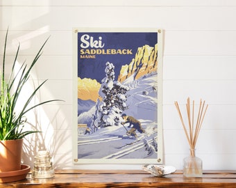 Ski Saddleback Maine Felt Poster Banner | Vintage ski mountain wall art gift. Camp flag pennant home decor. USA Handmade