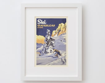 Impresión artística de Sugarloaf, Maine / Póster de esquí vintage, arte de pared, decoración retro de recuerdo de montaña, regalo de viaje para esquiar y hacer snowboard