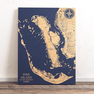 Mappa di Pine Island, Florida / Cartello da parete in legno inciso con motivo costiero, decorazione per la casa sulla spiaggia, stampa nautica, regalo personalizzato unico per la famiglia