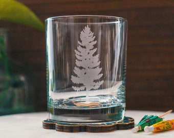 Pine Tree Glasses | Personalized etched glassware for whiskey. Nature & wilderness gift. Mountain Cabin barware and home decor.