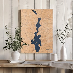 Priest Lake Idaho | Benutzerdefinierte See Karte Wohnkultur, personalisierte See Haus Geschenk, Jahrestag Hochzeitslager Geschenk, gravierte Holz Wandkunst