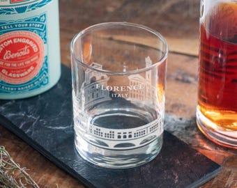 Florence, Italy City Skyline Engraved Glass | Hometown Pride Glassware, Whiskey Rocks Wine & Beer Barware, Travel Special Trip Gift
