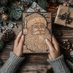 Mini Santa Face Engraved Wood Panel | Retro Block Print Art, Vintage Christmas Illustration Print, Holiday Home Decor Gift, Minimal Living.