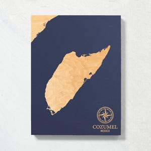 Mapa de Cozumel, México / Letrero de pared con mapa costero de madera grabado, decoración para casa de playa, regalo familiar personalizado único, impresión de viaje a México