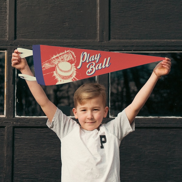 Play Ball Felt Pennant | Vintage Baseball Banner, Inspirational Kids Room Decor, Man Cave Sports Wall Art Print, Baseball Fan Home Accent.