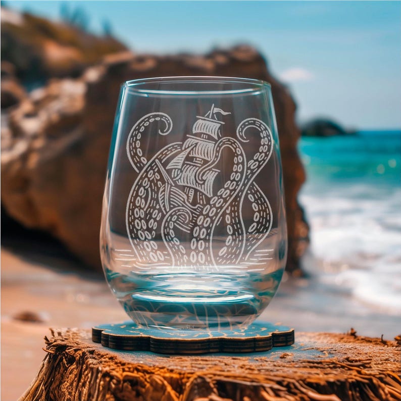 Kraken Glasses | Laser Etched Nautical Barware, Engraved Gift for Ocean Lovers & Maritime Home Decor image 3