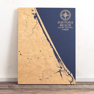 Kaart Daytona Beach, Florida | Gegraveerd houten bord kustmuur, huisdecor strandhuis nautische print, uniek gepersonaliseerd familiecadeau