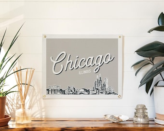 Chicago, Illinois Felt Poster Banner | Windy City skyline wall art print sign. Vintage city line drawing pennant home decor. Handmade gift