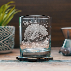 Manatee Glasses | Laser Etched Ocean Barware, Engraved Gift for Beach Lovers & Coastal Homes
