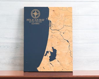 Pelican Bay, California Map | Engraved Wood Coastal Art Sign, Beach House Home Decor Wall Hanging, Nautical Print, Unique Personalized Gift