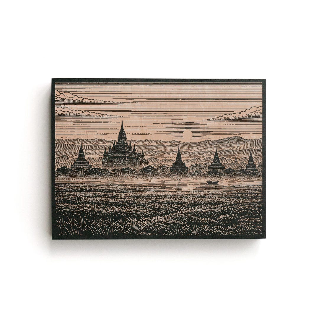 Bagan Myanmar Engraved Birch Art Panel | Pagoda Wall Art, Temple ...