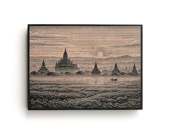 Bagan Myanmar Engraved Birch Art Panel | Pagoda Wall Art, Temple Landscape Decor, Travel Memory Gift