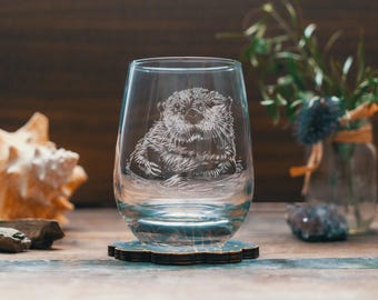 Otter Glasses | Personalized Cute Otter Face Whiskey, Wine & Beer Etched Glassware, Ocean and Lake Wildlife Conservation Supporters Gift